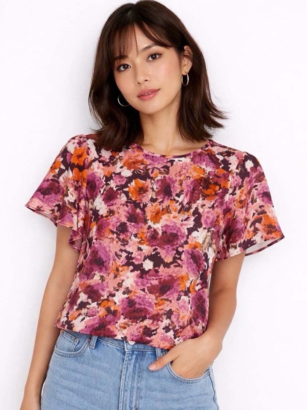 1. State Magenta and Orange Floral Flutter Sleeve Blouse NWT XS